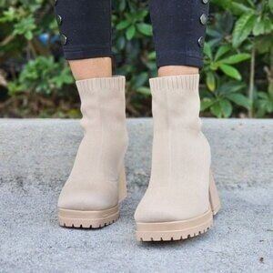 Women's Chunky Block Heel Sock Boots Nude Color